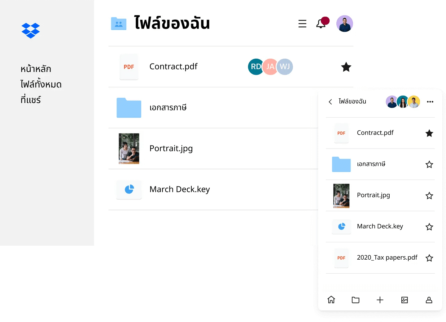 รูปภาพไฟล์และโฟลเดอร์ที่ได้รับการจัดระเบียบและจัดเก็บไว้ใน Dropbox