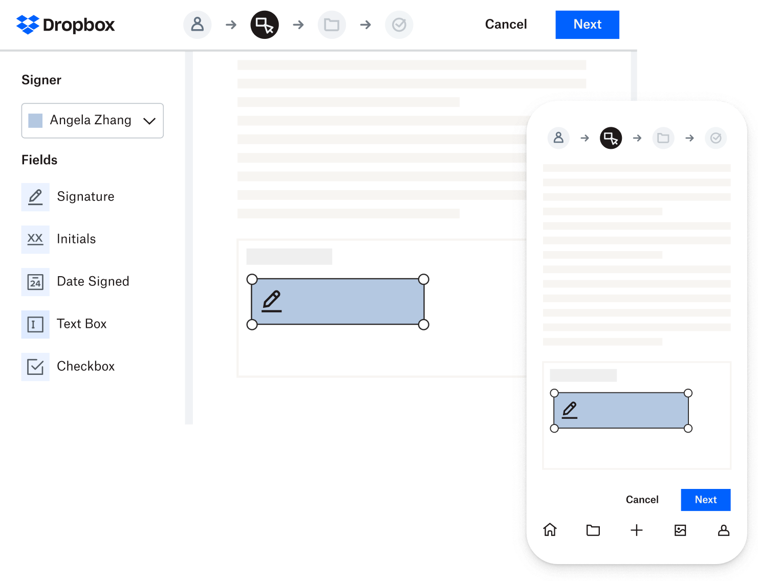 Highlighted form fill boxes in a contract that indicate where a signature should be added, as seen on a desktop and a mobile phone