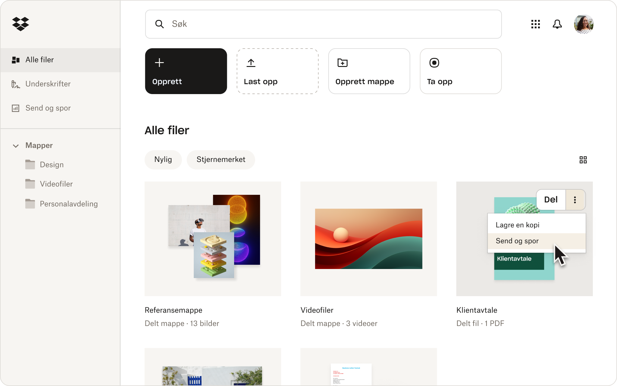 Grensesnitt over innloggede brukeres Dropbox-dashbord.