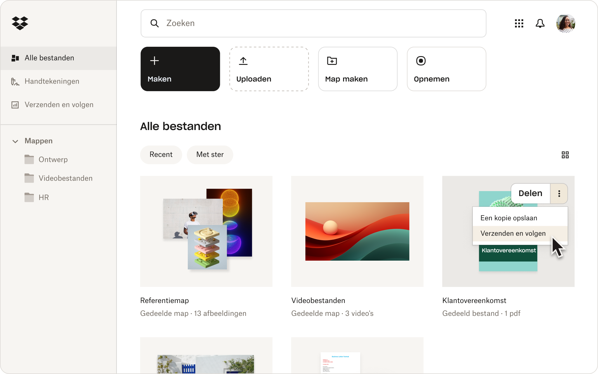 Interface van het Dropbox-dashboard van ingelogde gebruikers.
