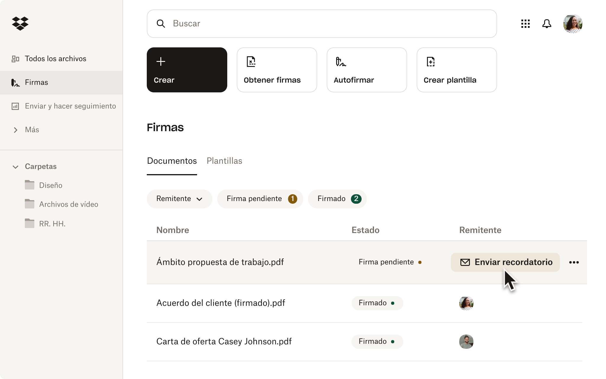 Página principal de las firmas de Dropbox con el botón &quot;Enviar recordatorio&quot;