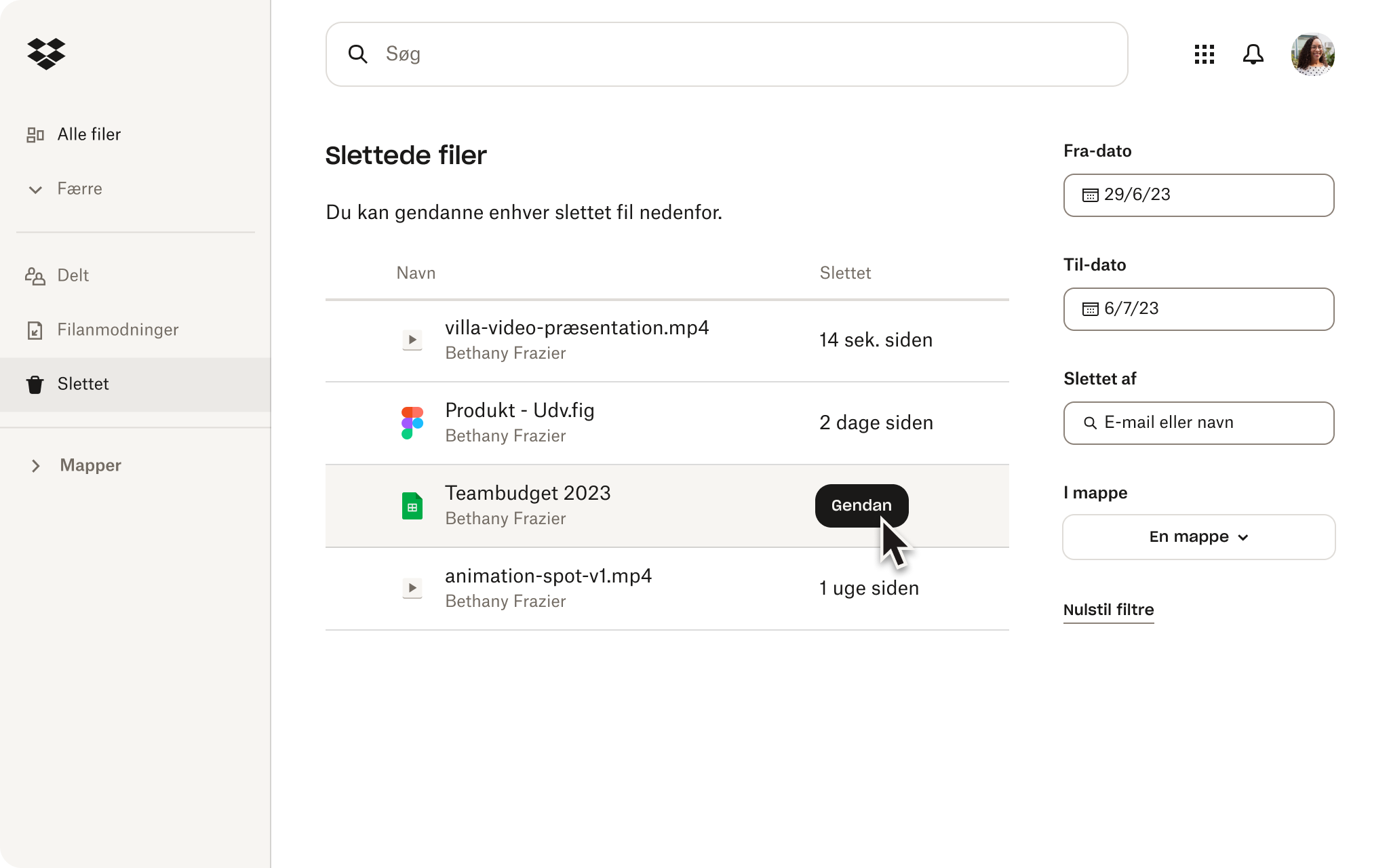 Afsnittet Slettede filer i en Dropbox-konto viser filnavnene, hvornår de blev slettet, og en mulighed for at gendanne filer.