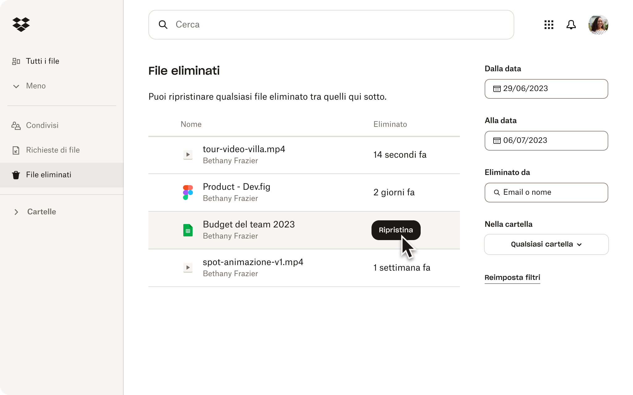 La sezione File eliminati in un account Dropbox mostra i nomi dei file, quando sono stati eliminati e un’opzione per ripristinarli.