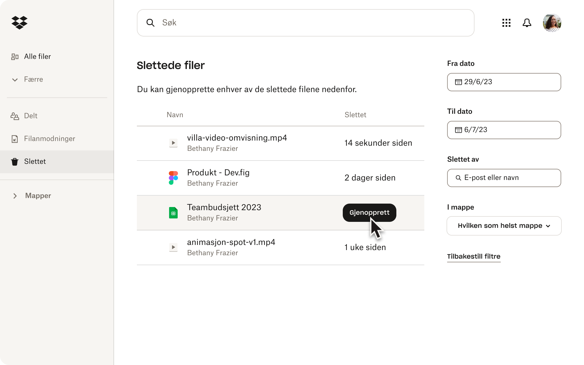 Slettede filer-delen i en Dropbox-konto viser filnavnene, når de ble slettet, og et alternativ for å gjenopprette filer.