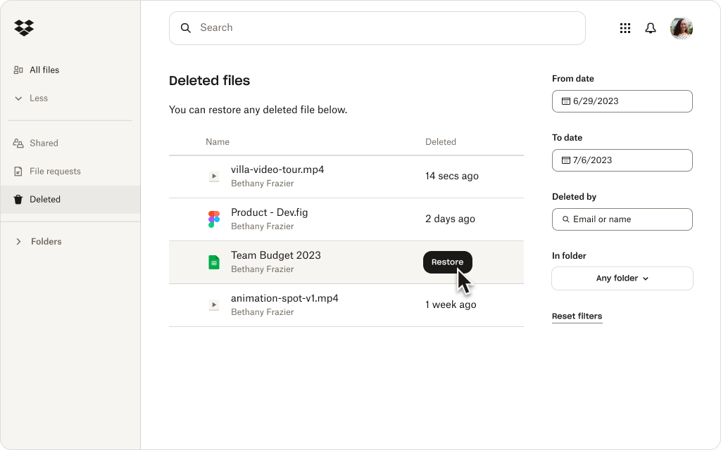 Dropbox UI for restoring a document
