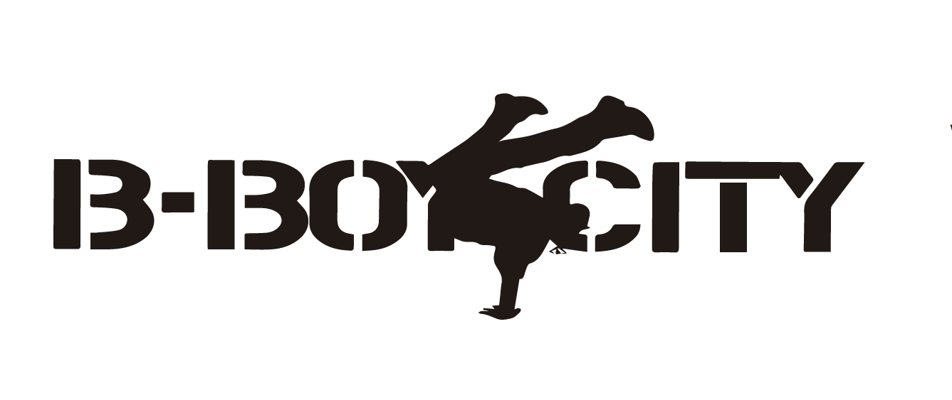 Bboy City logo in black bold letters with silhouette of a breakdance on his hand and legs in the air