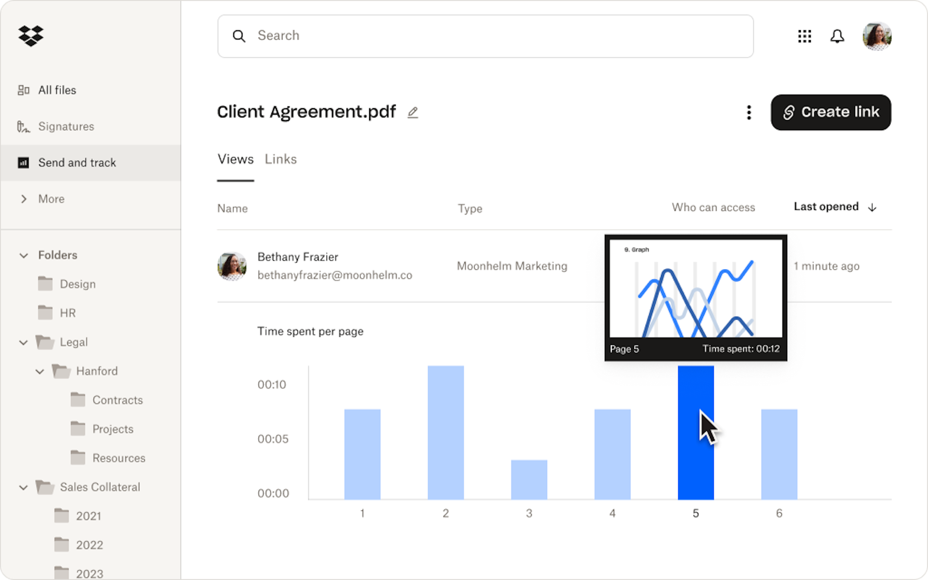 DocSend UI of time spent on page
