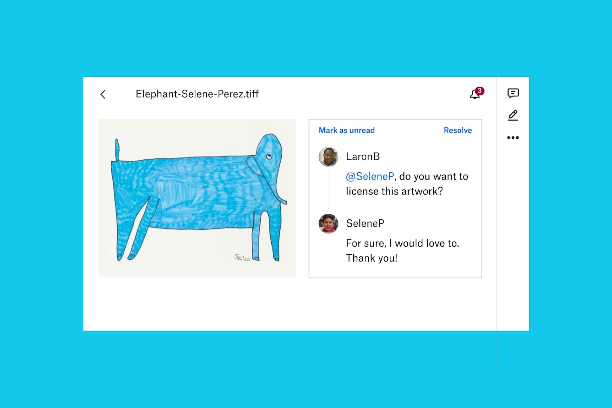 Artist’s drawing of an elephant in Dropbox with notes from the artist and colluague.