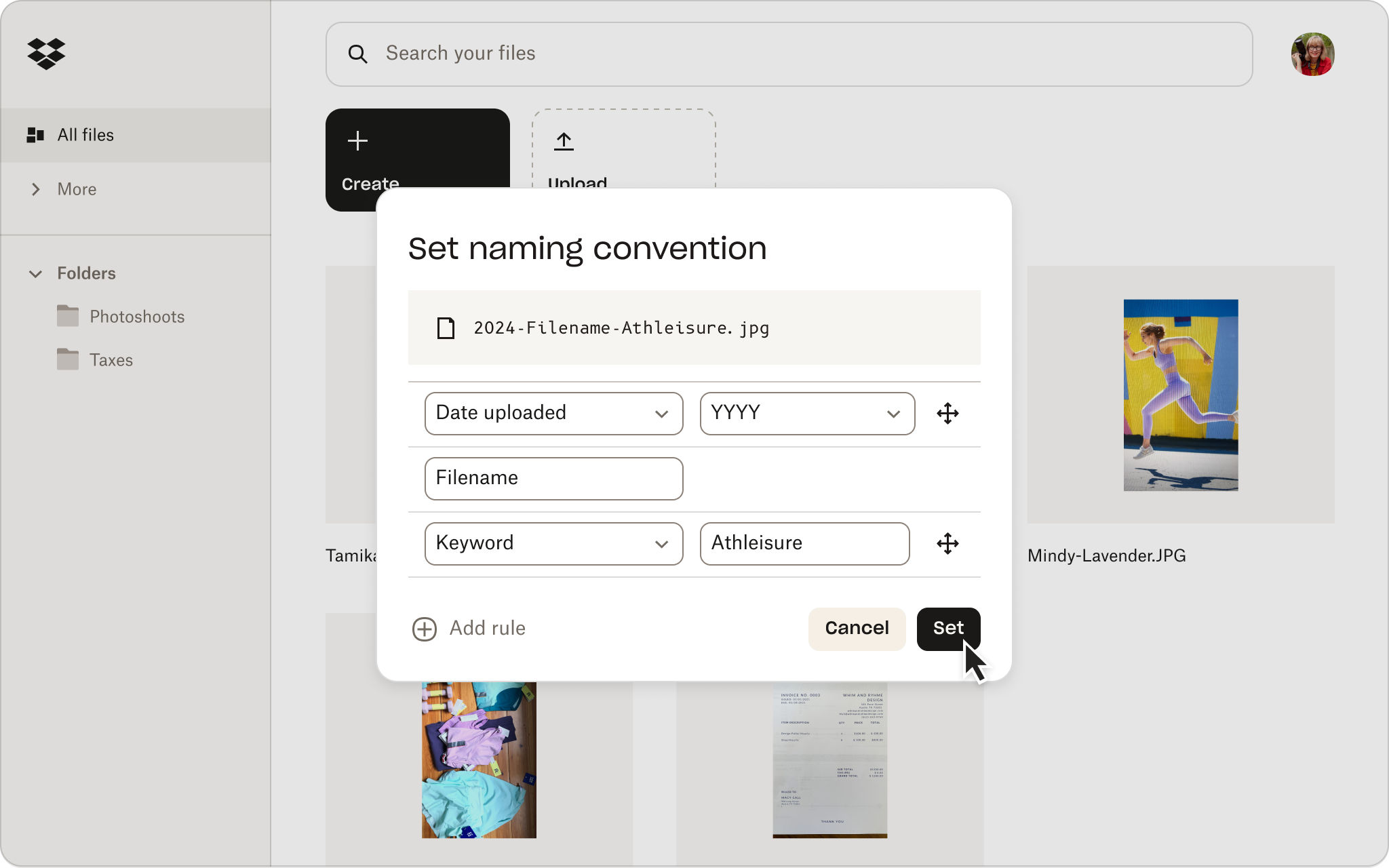 Dropbox UI of setting a naming convention for imported files