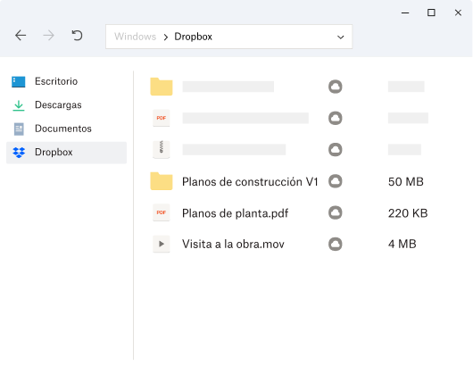 Imagen del sistema de archivos de un usuario, con la carpeta de Dropbox seleccionada en el panel izquierdo debajo de la carpeta Documentos.