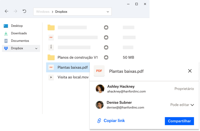 A pasta do Dropbox de um usuário exibida no celular, desktop e na web. Existem setas entre cada uma delas indicando que as superfícies estão sincronizadas.