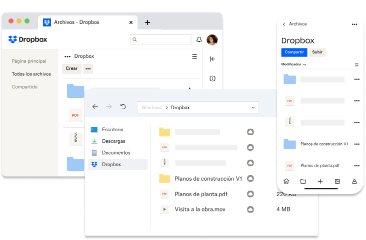 La carpeta de Dropbox de un usuario en su teléfono móvil, su ordenador y en la web. Hay flechas entre cada dispositivo que indican que las superficies se sincronizan entre sí.