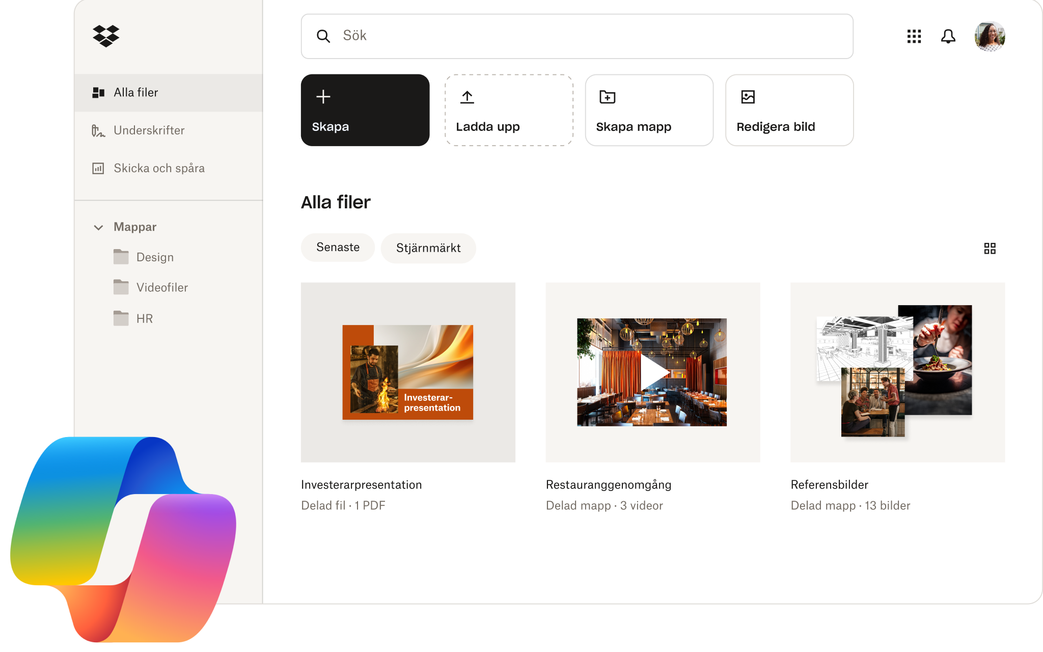 Användargränssnitt för Dropbox instrumentpanel med Microsoft Copilot-logo