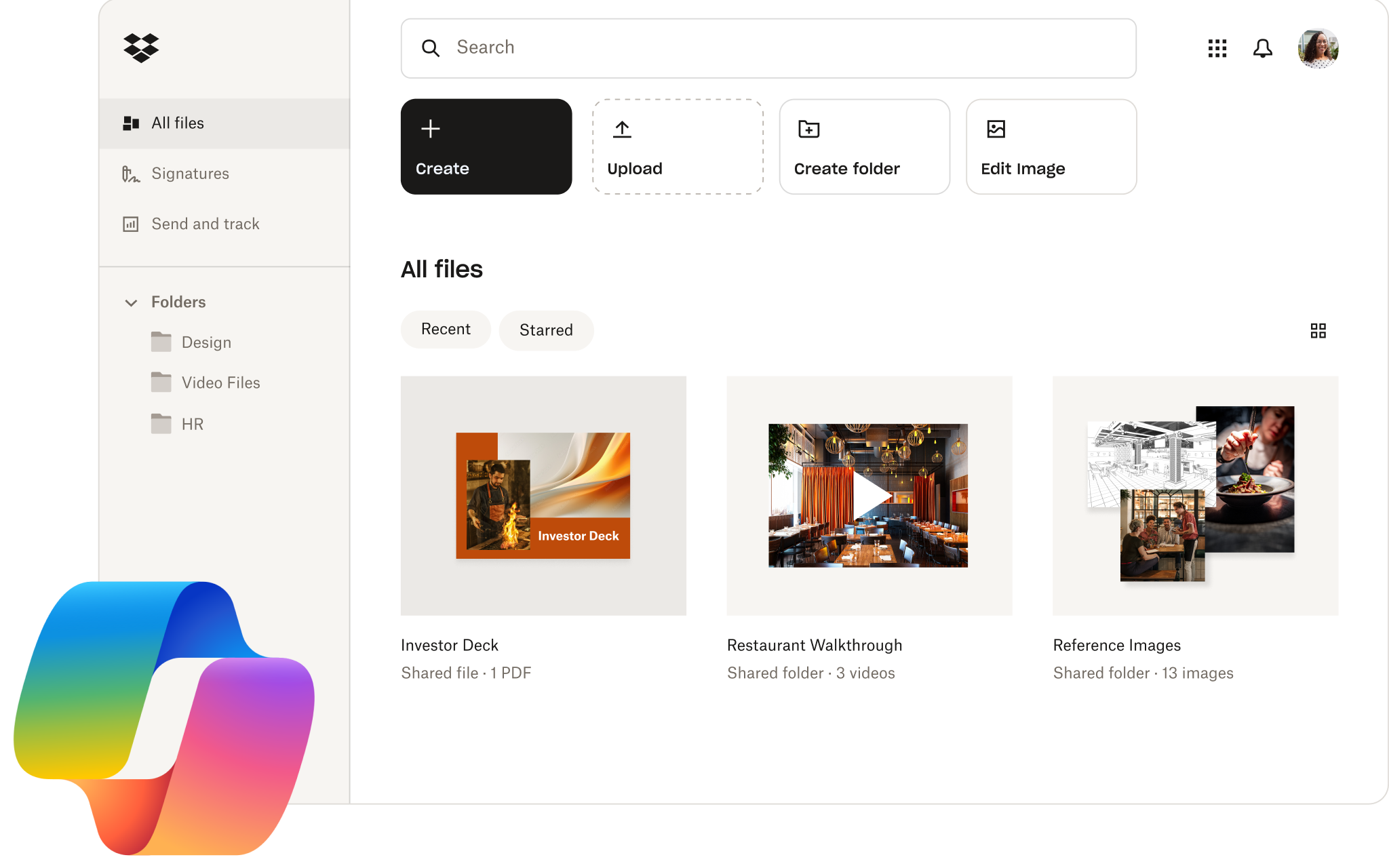 UI of Dropbox dashboard with Microsoft Copilot logo
