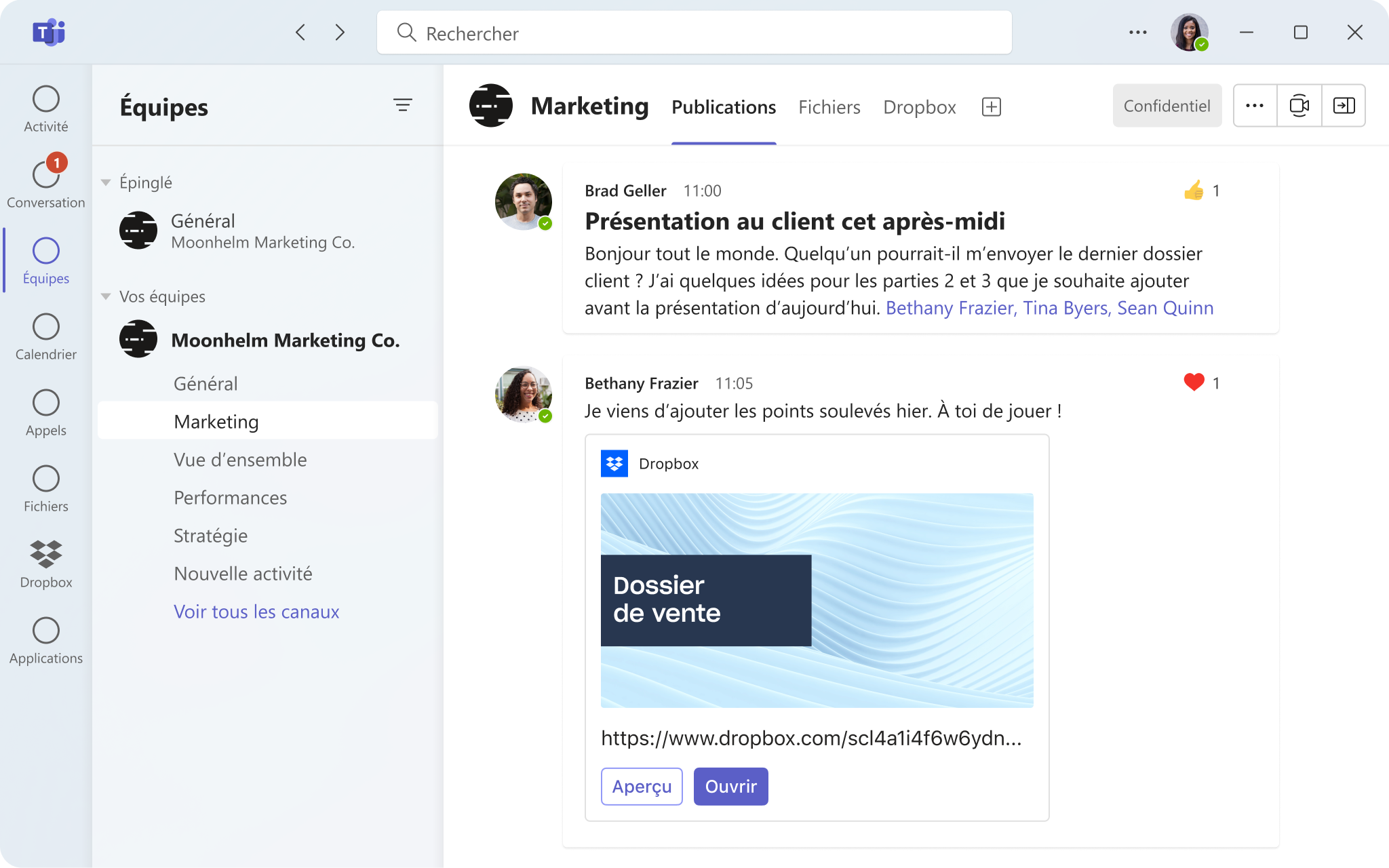 Interface utilisateur Microsoft Teams pour l’accès aux documents depuis des dossiers dans Dropbox