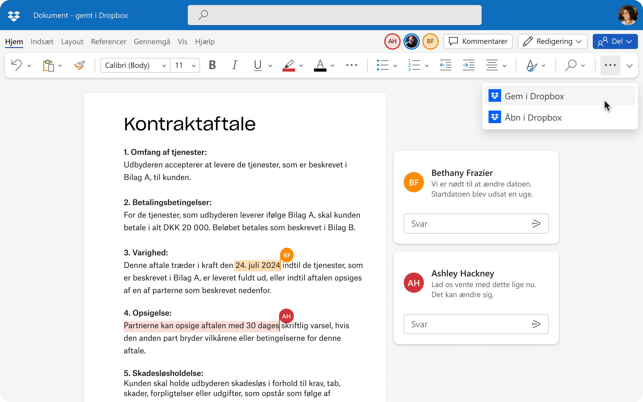 Brugergrænseflade for et dokument, der redigeres af flere personer, med mulighed for at gemme ændringer i Dropbox
