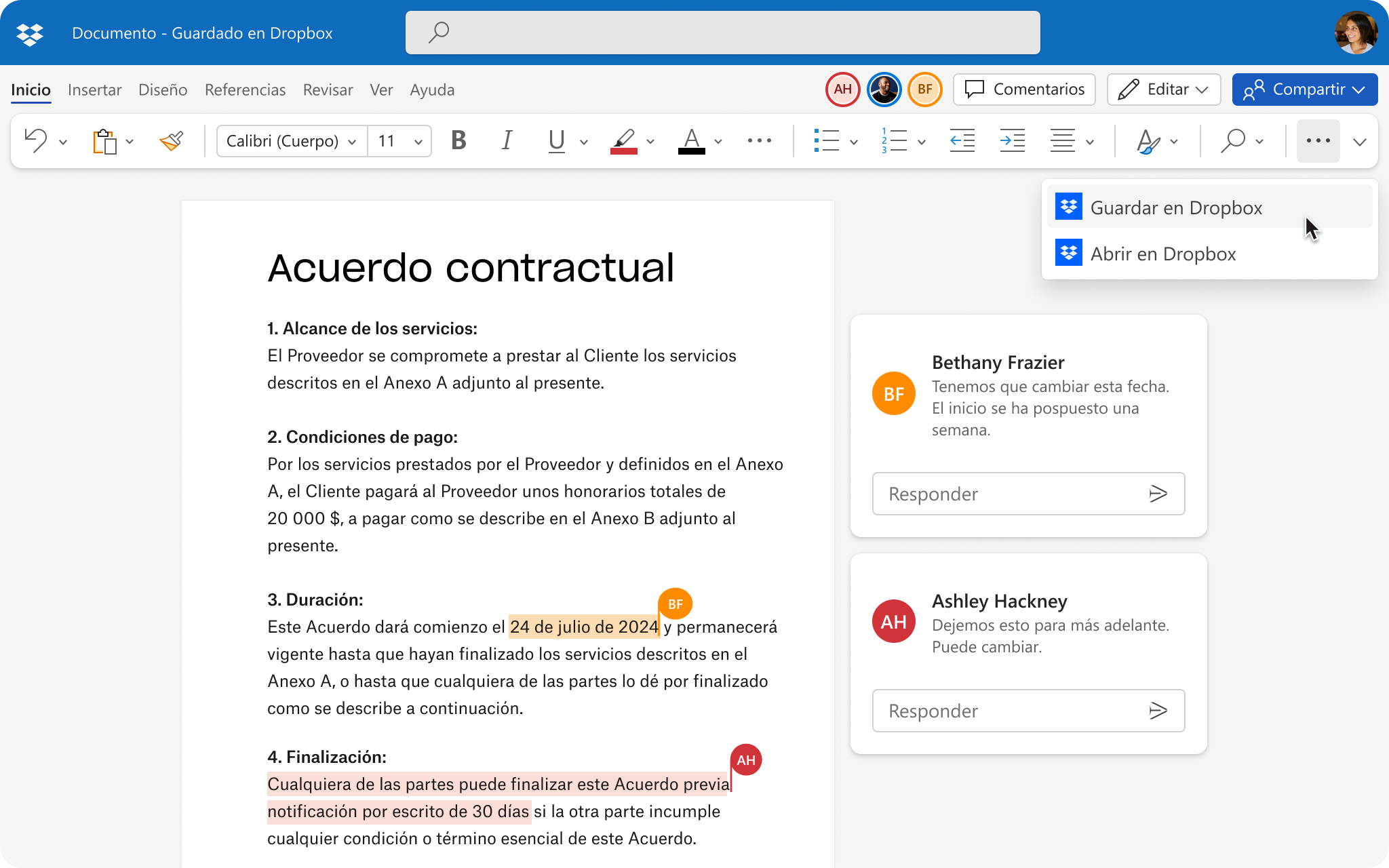Interfaz de usuario de un documento que editan varias personas, con la opción de guardar los cambios en Dropbox