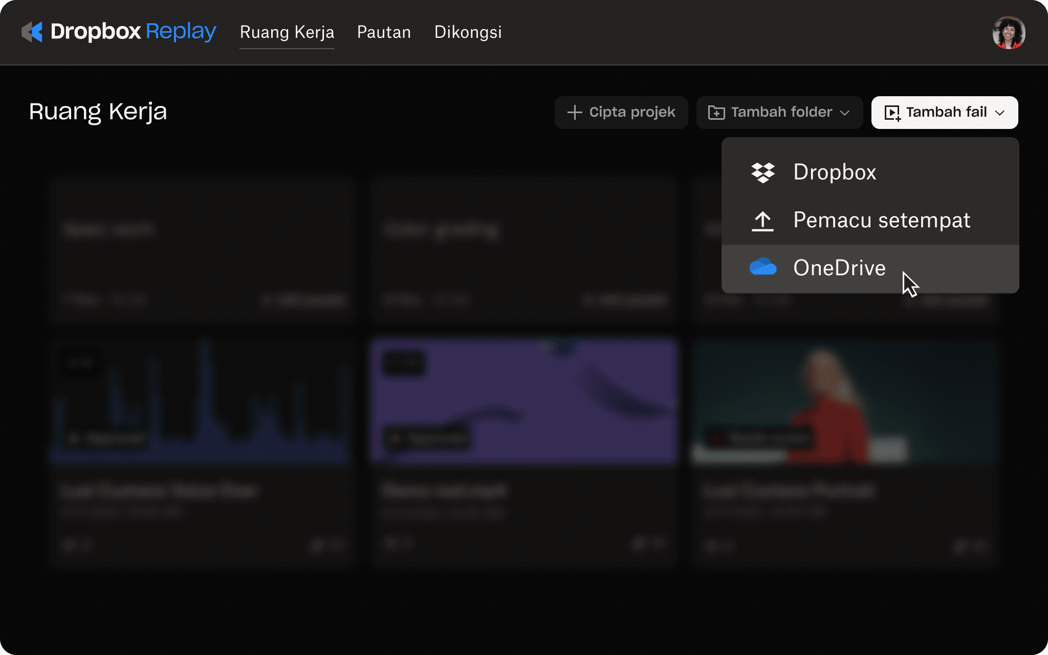 UI Replay dengan pilihan untuk memuat naik projek ke OneDrive