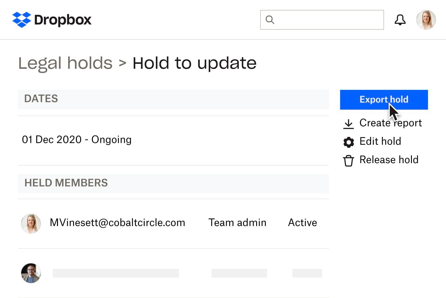 Legal hold document in Dropbox with sharing and edit settings