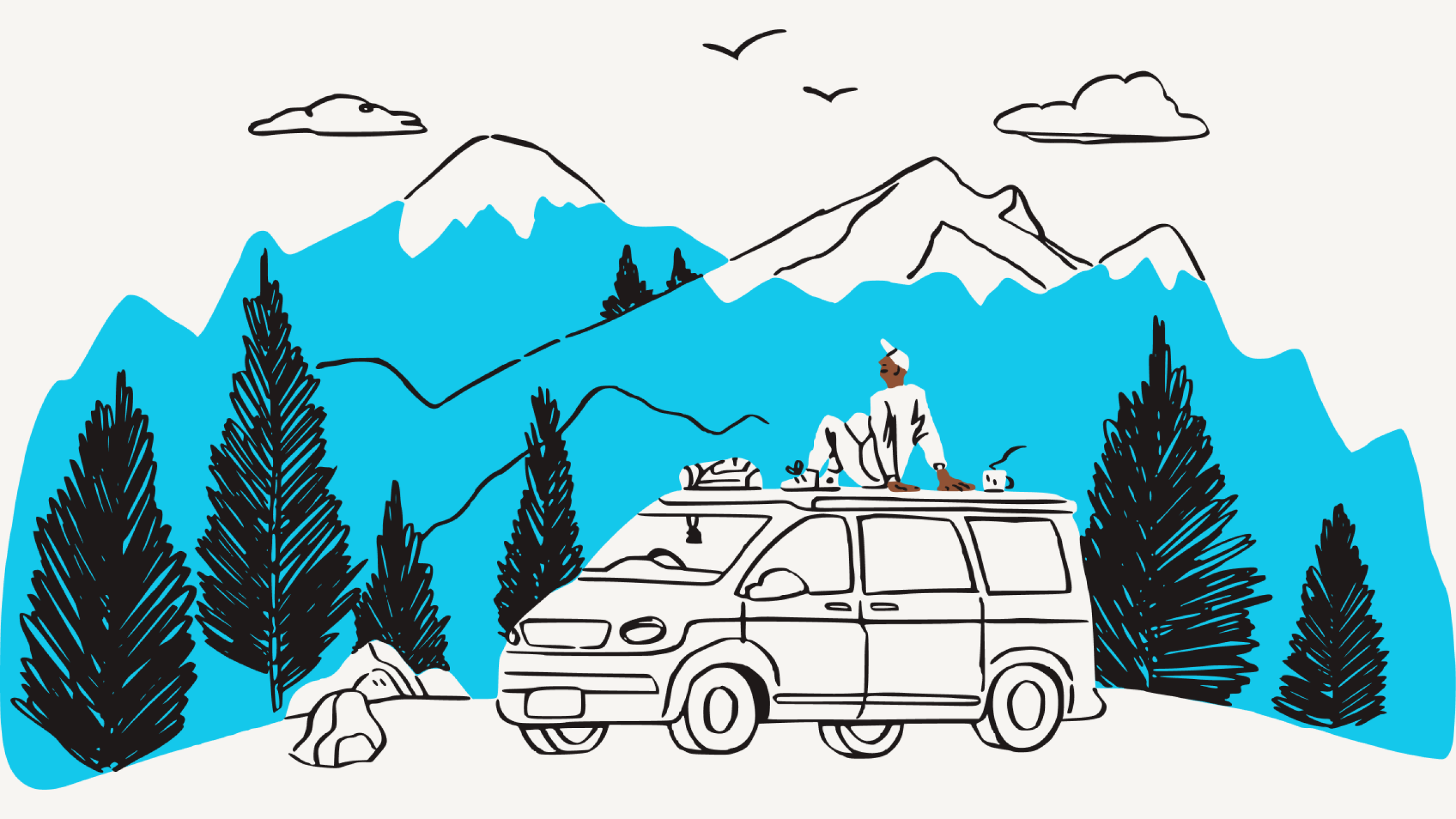 Man sits outside on a van and looks out towards mountains.