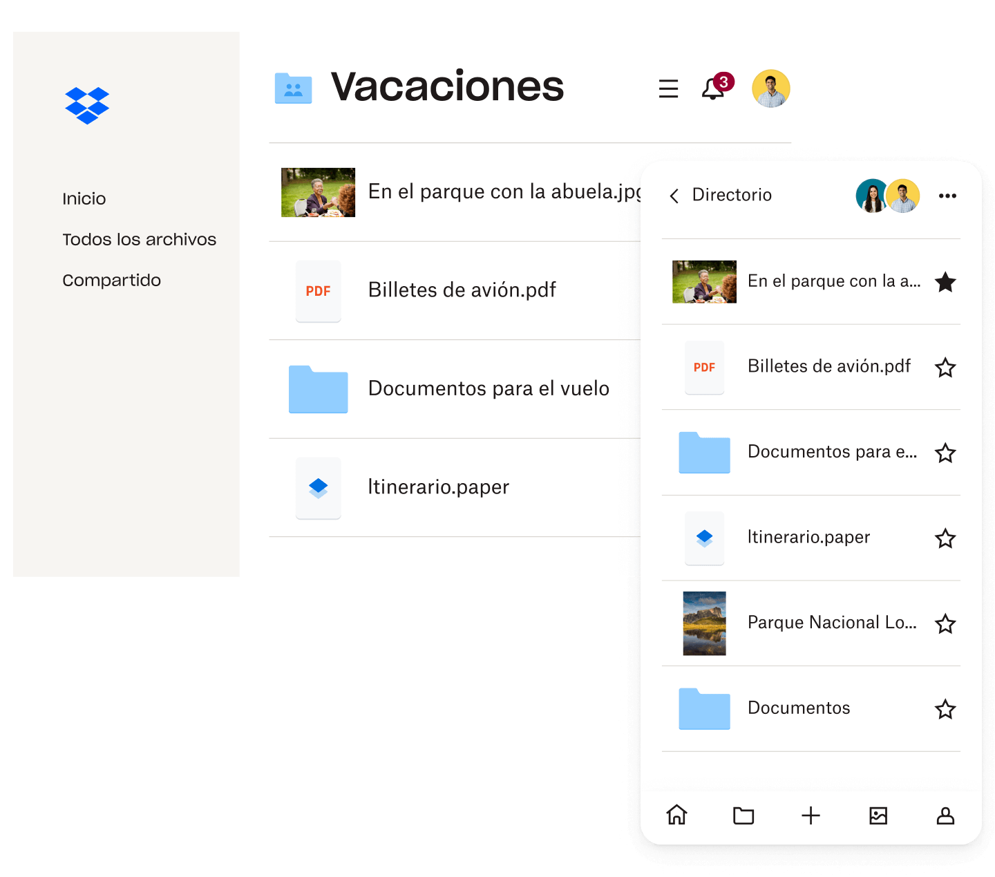 Imagen de una lista de archivos dentro de una carpeta familiar compartida