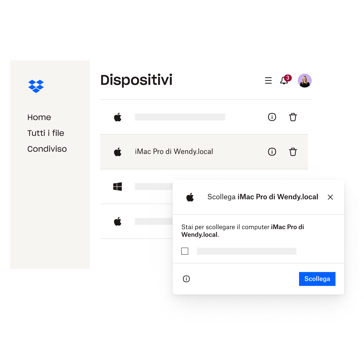 Utente che rimuove l'accesso di un dispositivo ai dati archiviati nel cloud