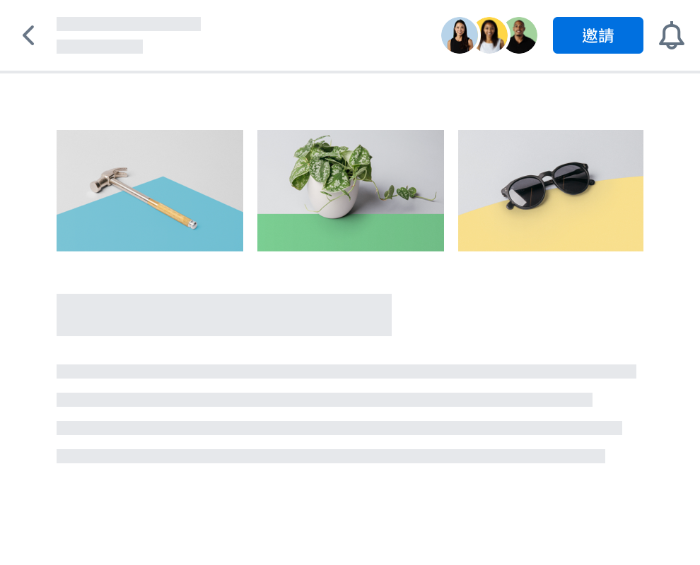一份紙本文件，包含一隻錘子於藍色背景、一個盆栽植物於綠色背景，及一副太陽眼鏡於黃色背景的圖片