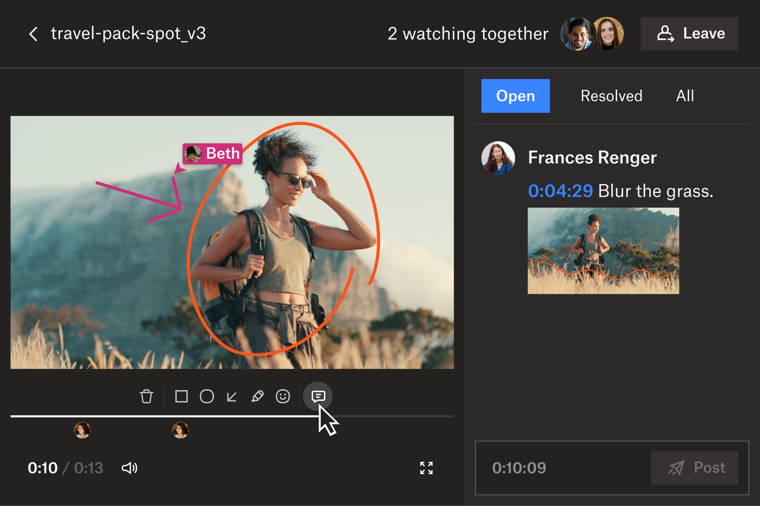 A visual representation of the time stamp-specific comment capabilities of Dropbox Replay, a video feedback tool.