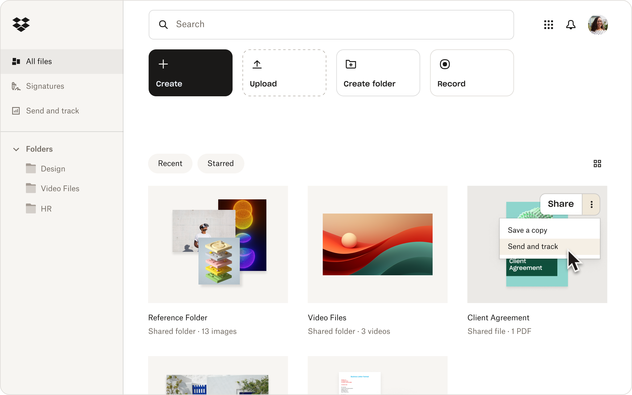 An image of the Dropbox user interface, showing the file sharing options available to users.
