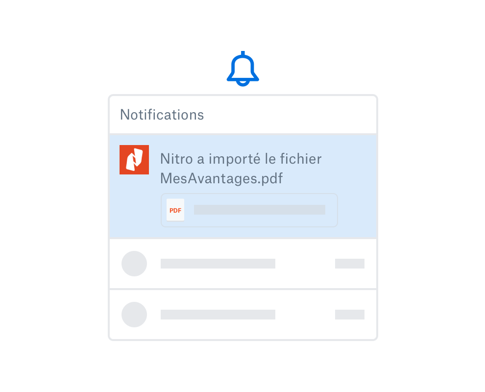 Icône représentant une cloche, avec une zone de notification affichant une pièce jointe au format PDF et un message informant l’utilisateur que “Nitro a importé le fichier MesAvantages.pdf”