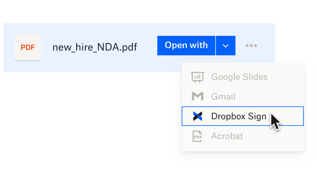 User opening a new hire PDF in Dropbox and selecting Dropbox Sign from a list