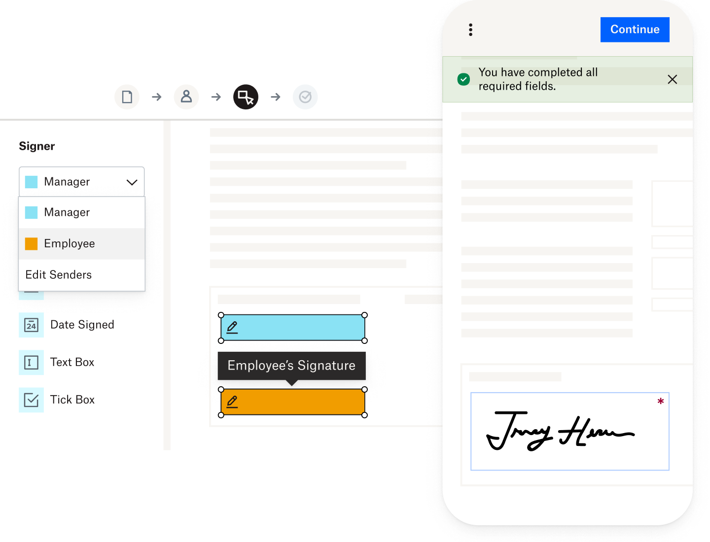 Highlighted form fields in a digital contract specifying where the manager and the employee need to add their signature
