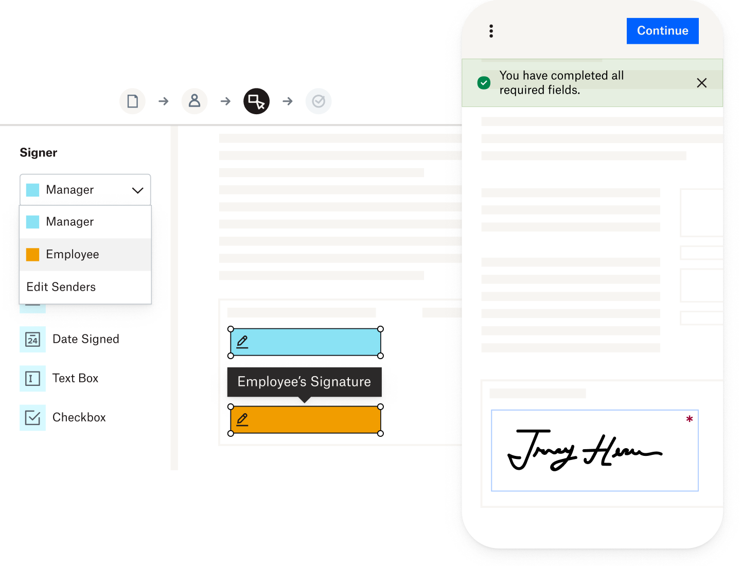 Highlighted form fills in a digital contract specifying where the manager and the employee need to add their signature
