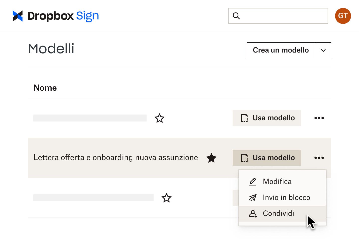 Un utente che fa clic su un pulsante "condividi" per un modello di onboarding in Dropbox Sign