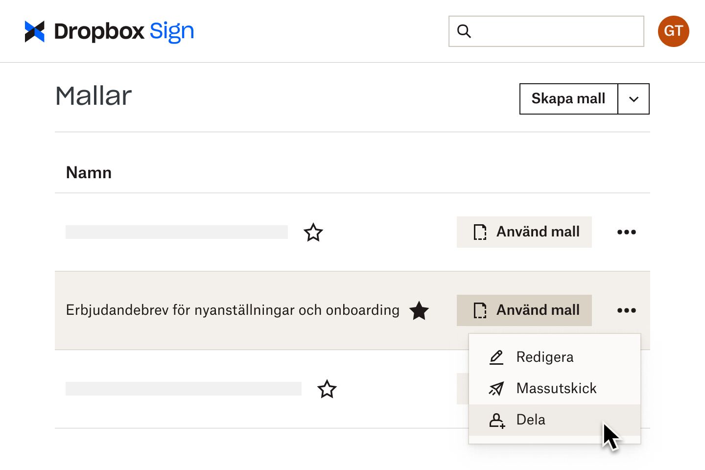 En användare som klickar på en ”dela”-knapp för en onboardingmall i Dropbox Sign
