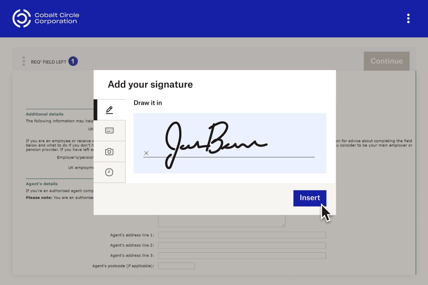 Someone inserts their eSignature into a document