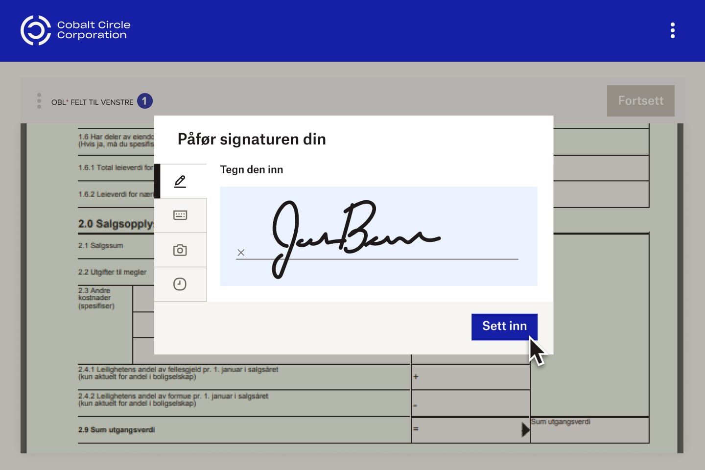 Noen setter inn eSignature i et dokument