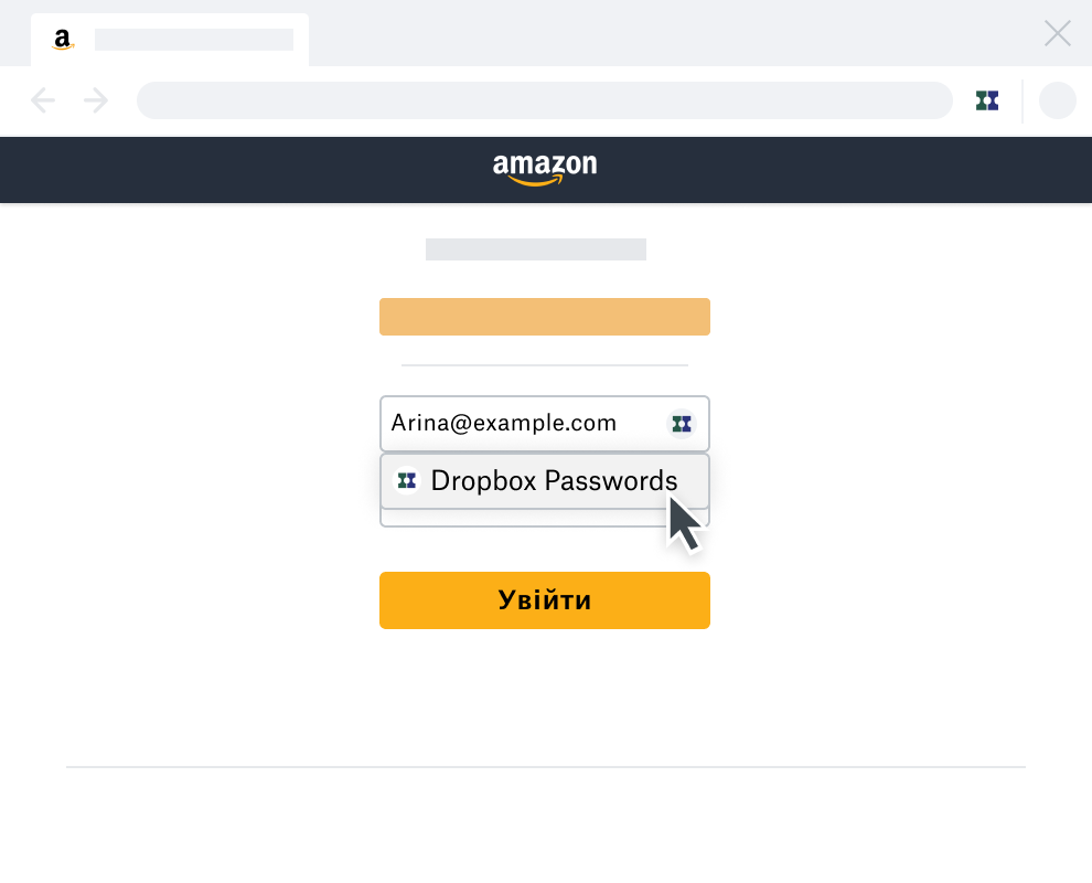 Функція автозаповнення Dropbox Passwords на сторінці входу в обліковку Amazon