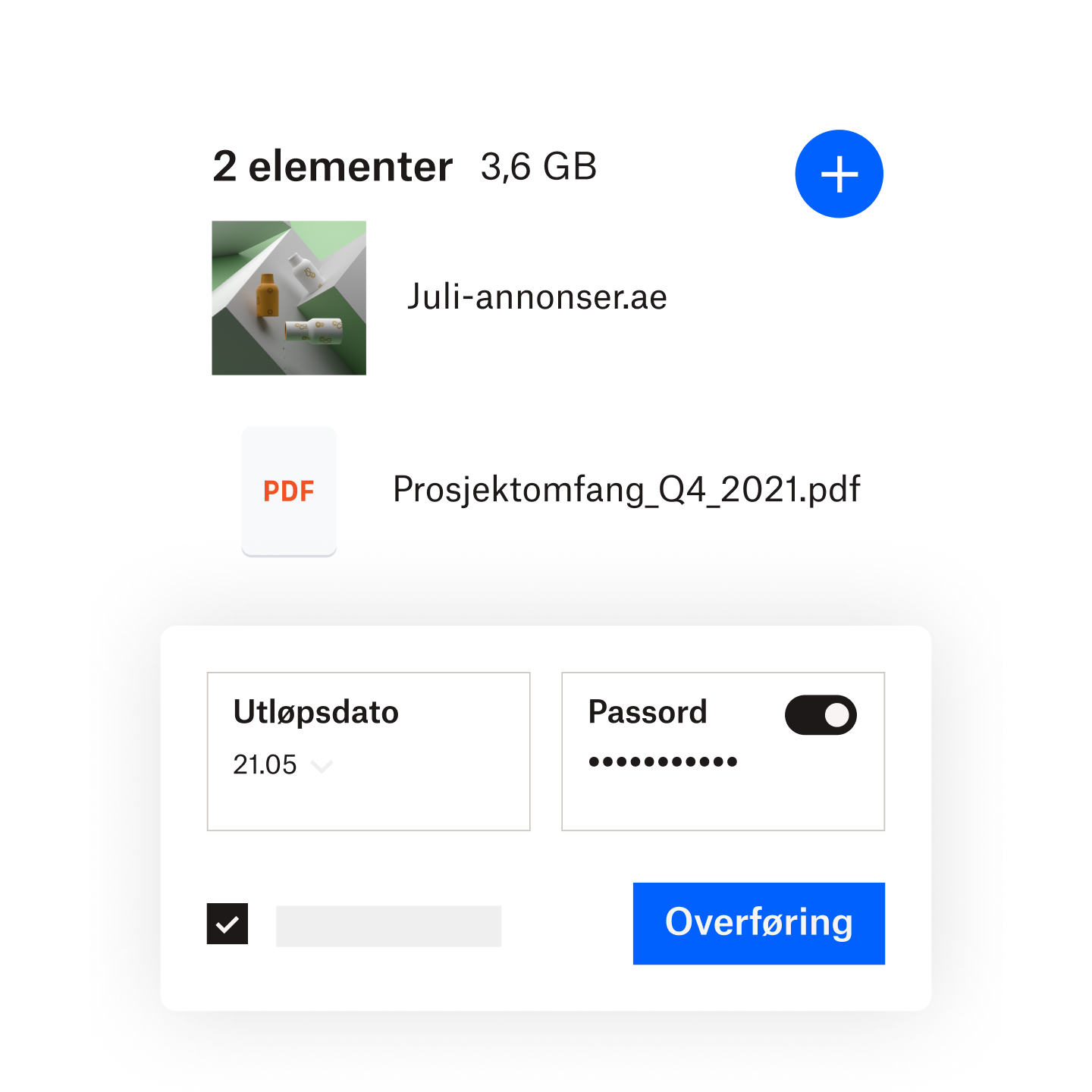 En bruker legger til passord og utløpsdato for en delt fil med Dropbox Transfer