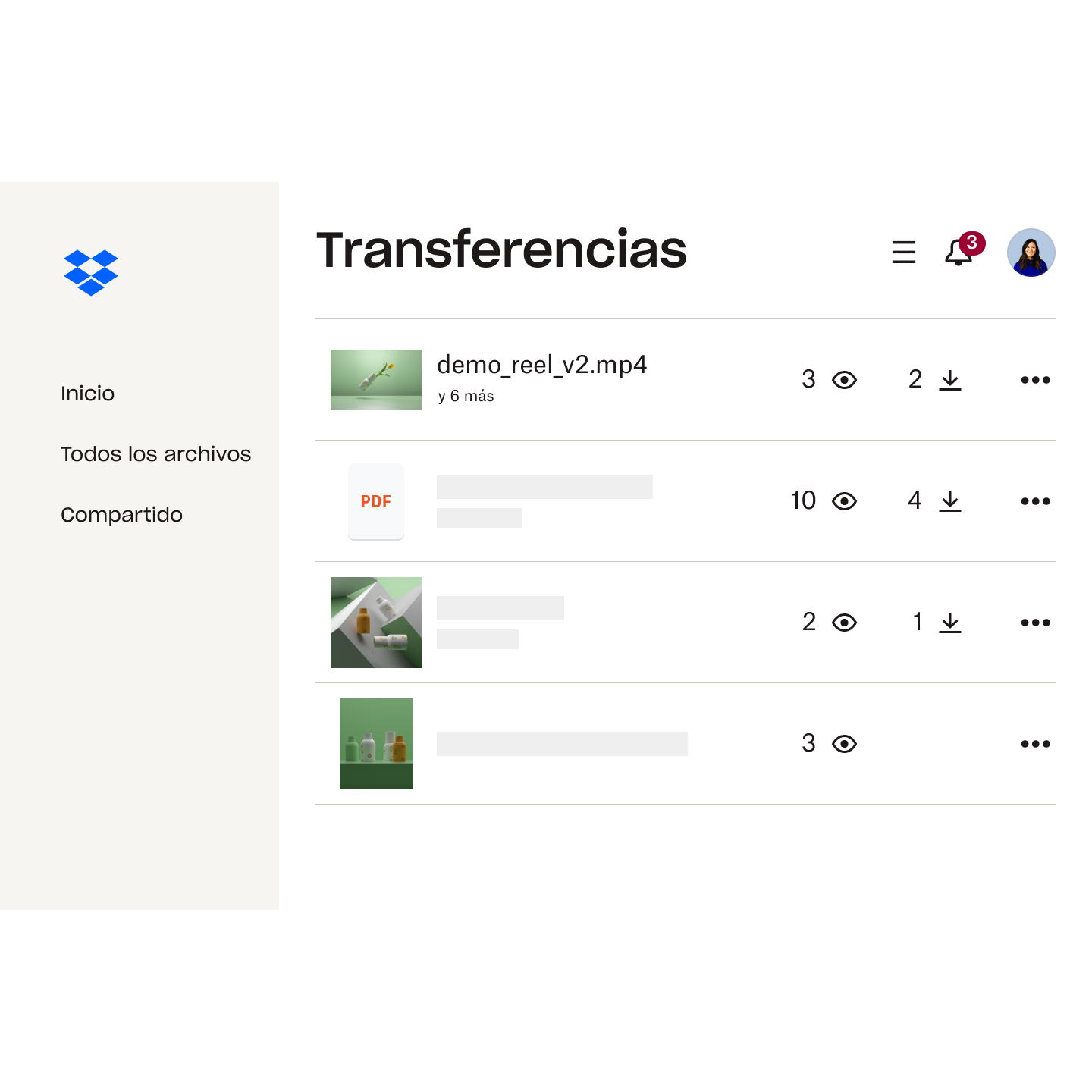 Una lista de archivos en Dropbox Transfer, cada uno con el número de vistas y descargas.