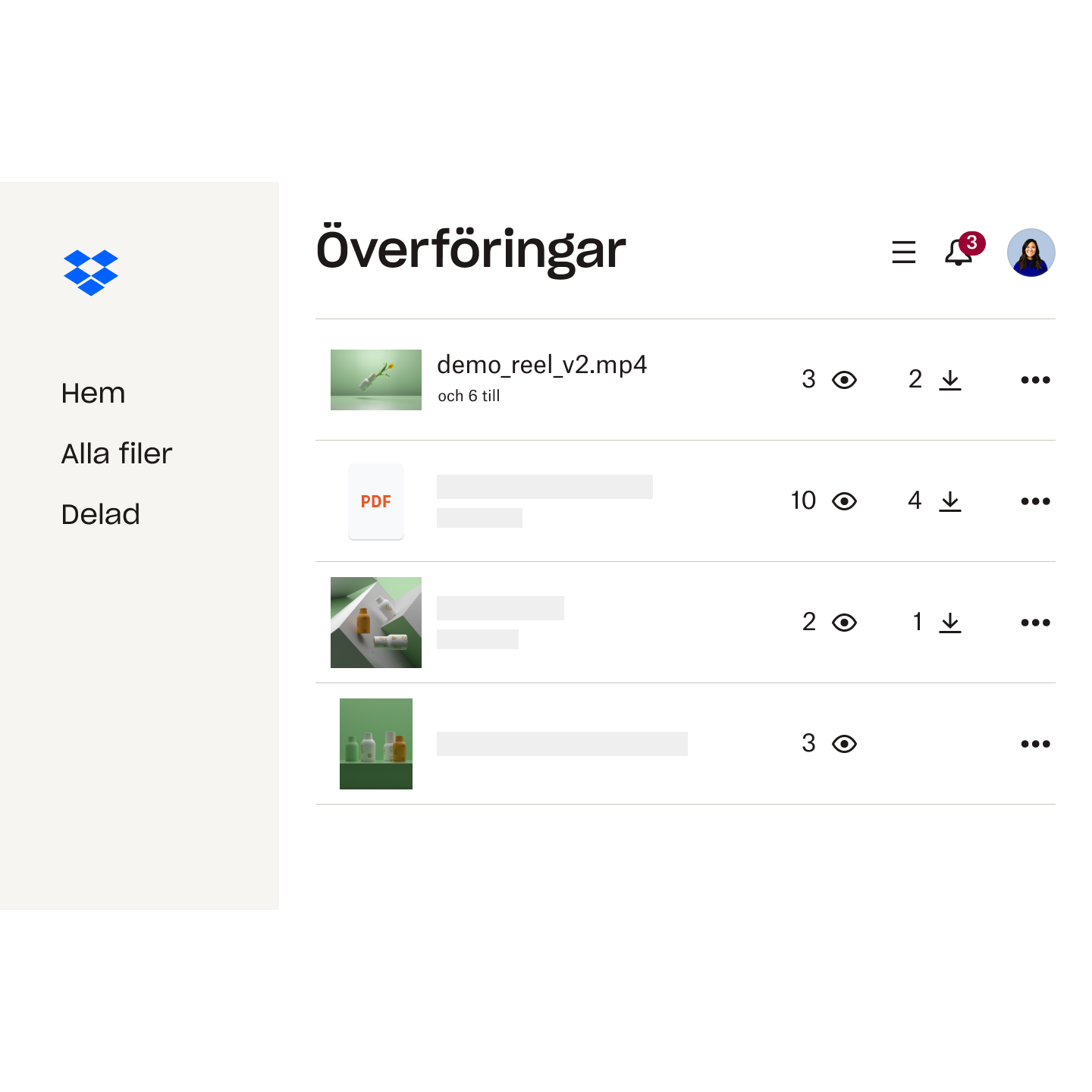 En lista över filer i Dropbox Transfer, alla med hur många gånger de besökts och laddats ner.