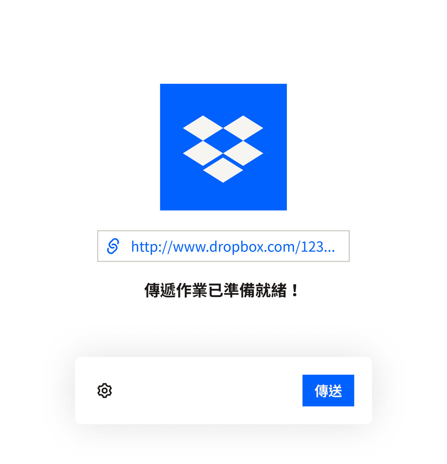 已填滿的進度條上出現 Dropbox Transfer 已準備就緒的訊息,以及傳送按鈕上有滑鼠游標。