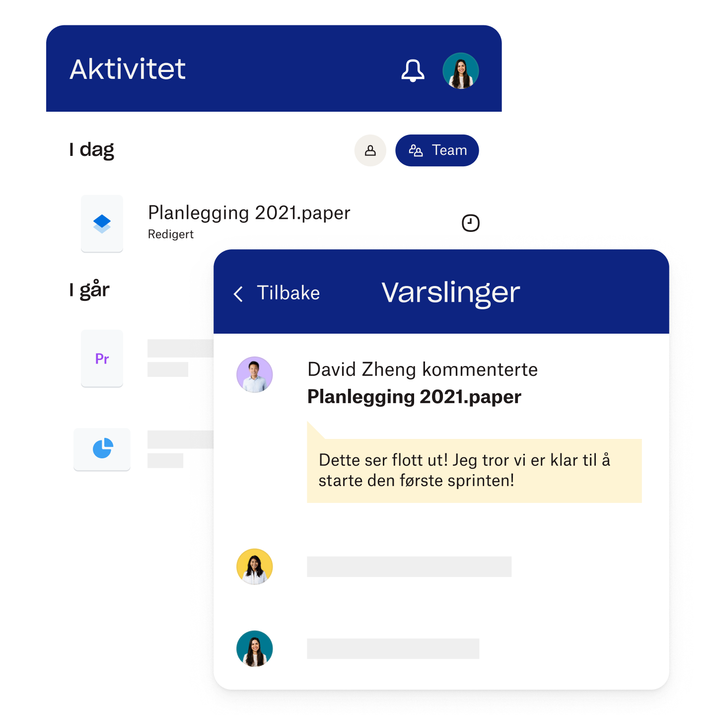 Dropbox-grensesnitt for aktiviteter og varslinger
