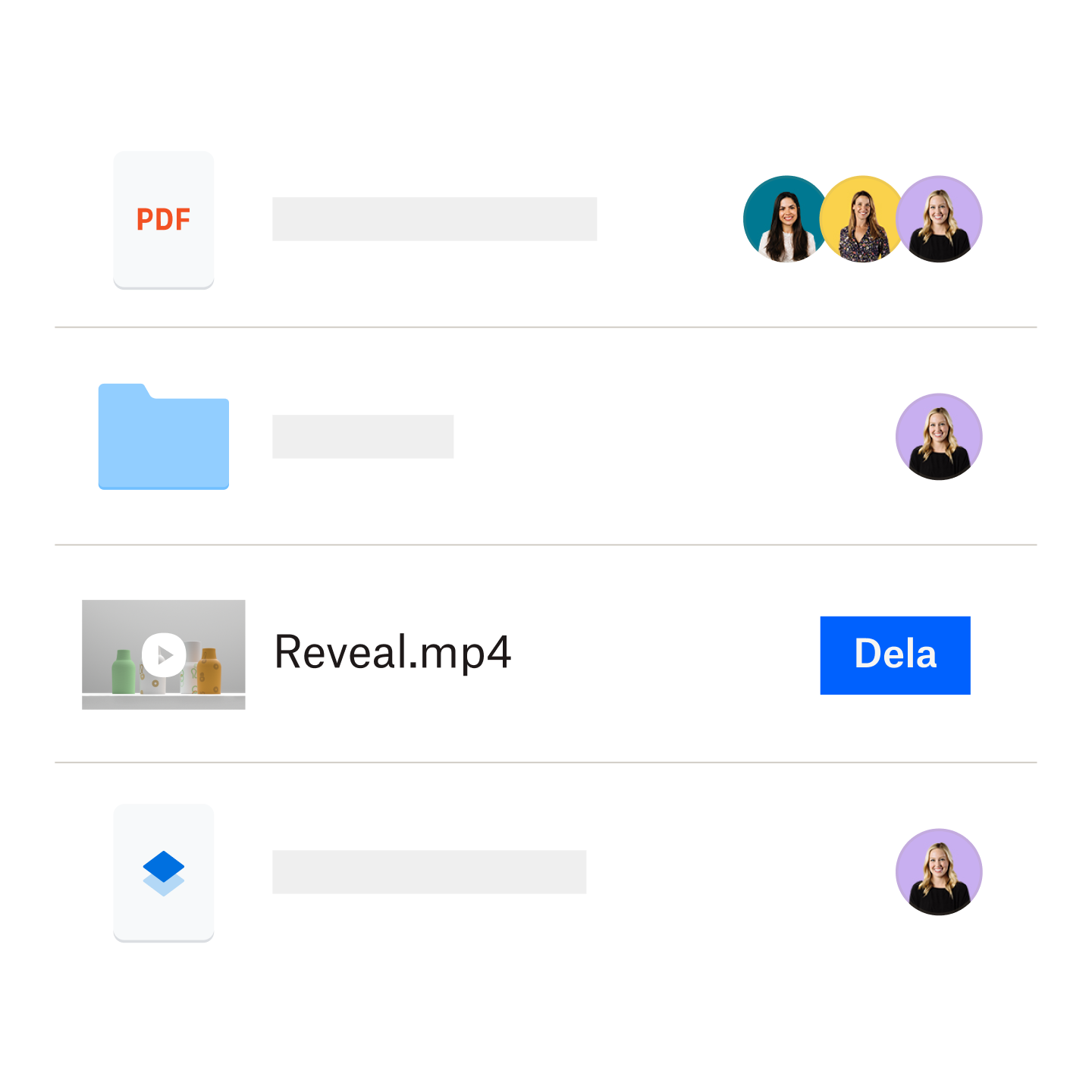 En vy över filer och videor i en Dropbox-mapp och de kan även enkelt delas