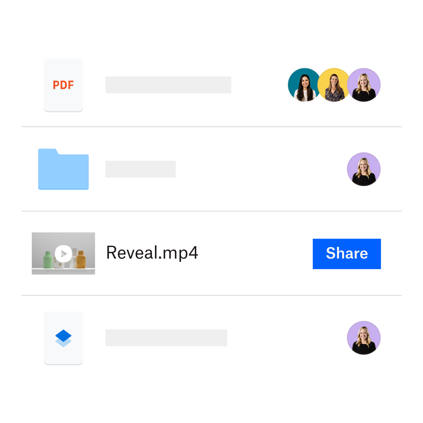 A view of files and videos that are saved in a Dropbox folder which can be easily shared
