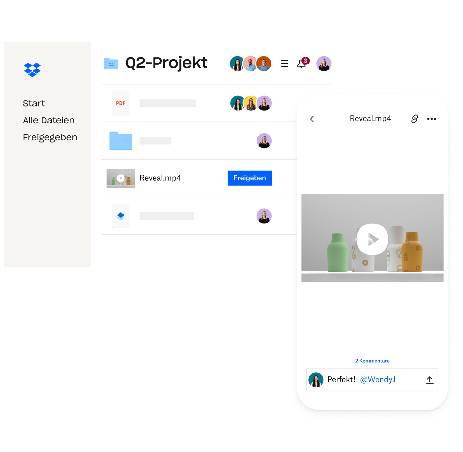 Screenshot eines Dropbox-Ordners mit der Bezeichnung „Q2 Project“. Es wurde eine Videodatei mit Vorschau und Kommentar ausgewählt.