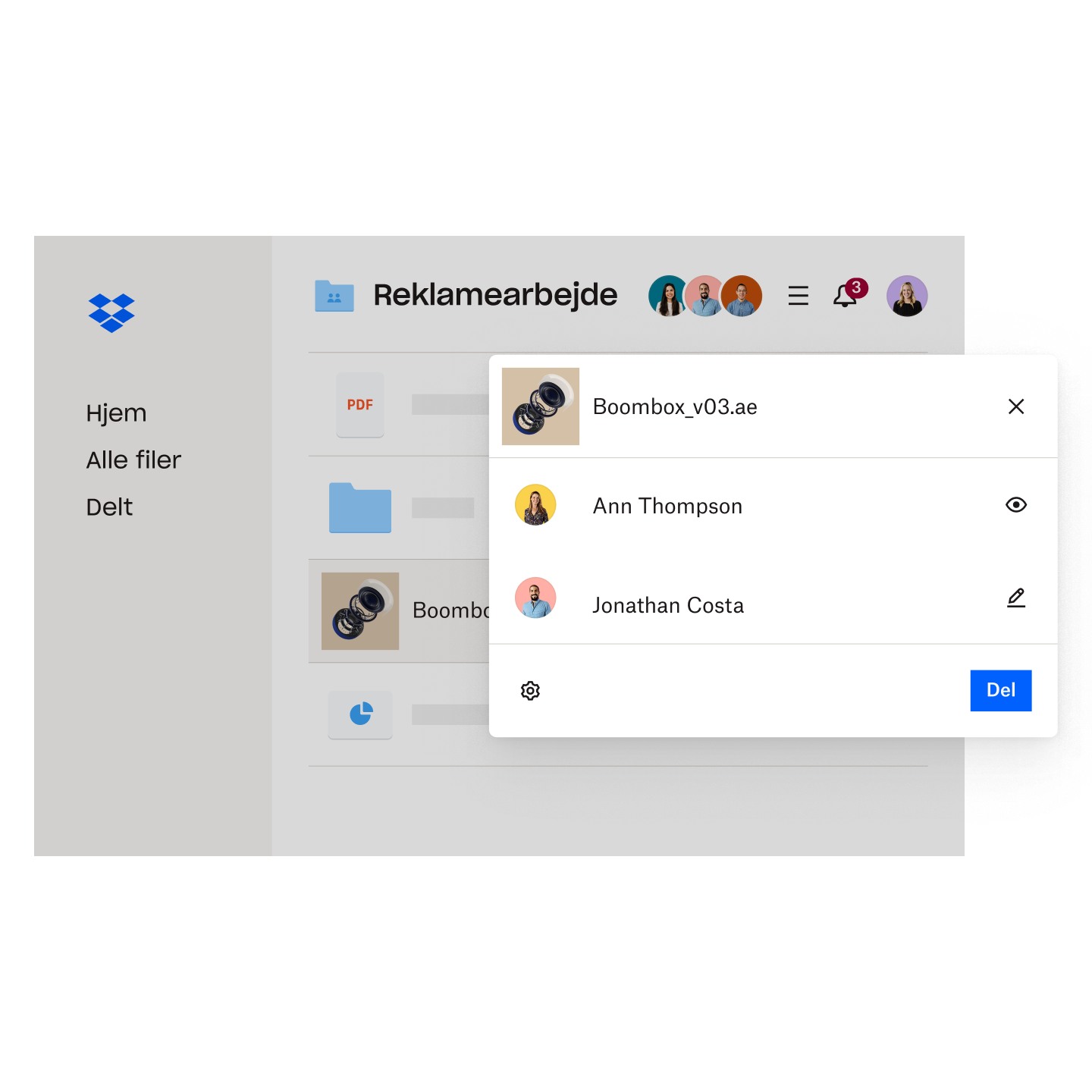 En visning af filer gemt i en Dropbox-mappe, som kan deles med bestemte brugere