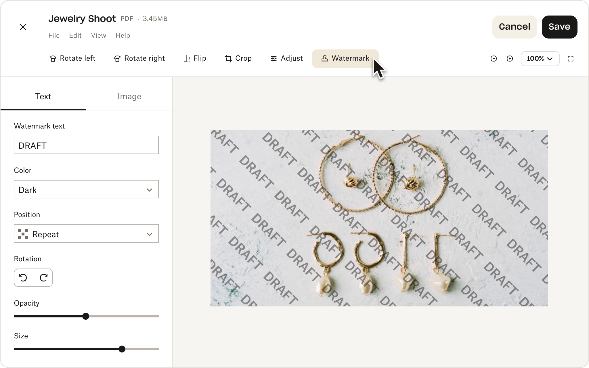 Representation of the Dropbox user interface, demonstrating the image watermarking tool.