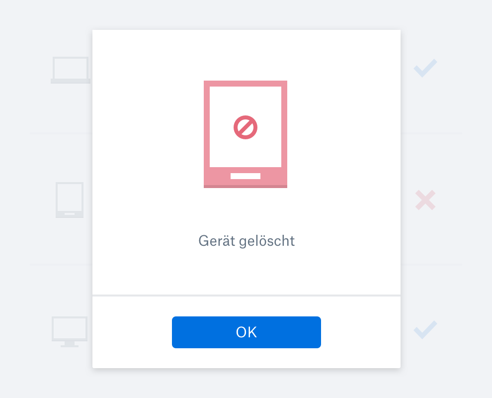 Ein Meldungsfeld, das bestätigt, dass das Gerät gelöscht wurde