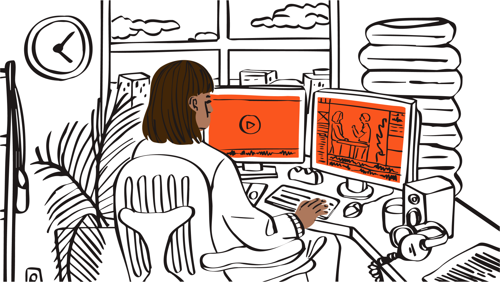 An illustration representing a video editor applying a dynamic watermark to a video project.